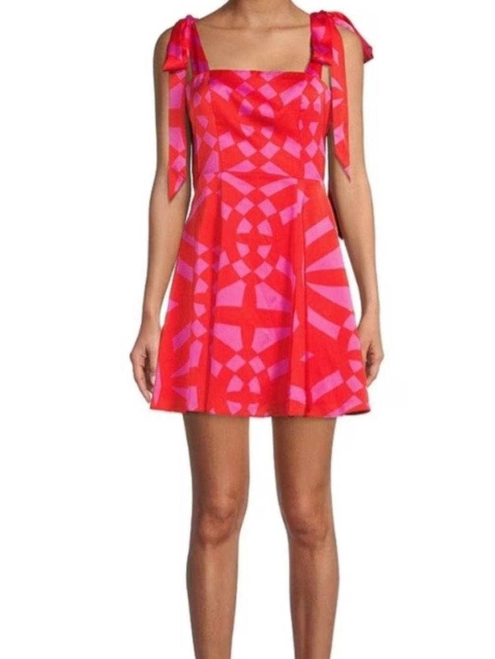 Gianni Bini Red and Pink Geometric Tie-Shoulder Mini Dress - size 10